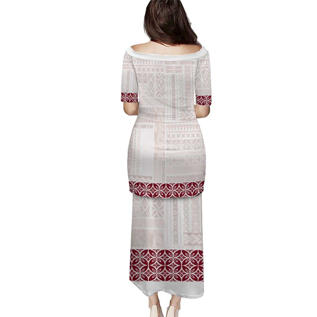 Samoa Siapo Red Trimmed Puletasi Samoa White Sunday - Polynesian Pride