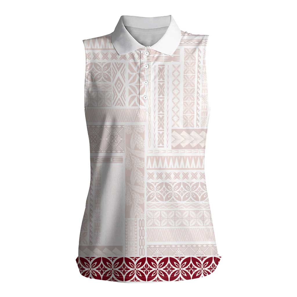 Samoa Siapo Red Trimmed Women Sleeveless Polo Shirt Samoa White Sunday - Polynesian Pride