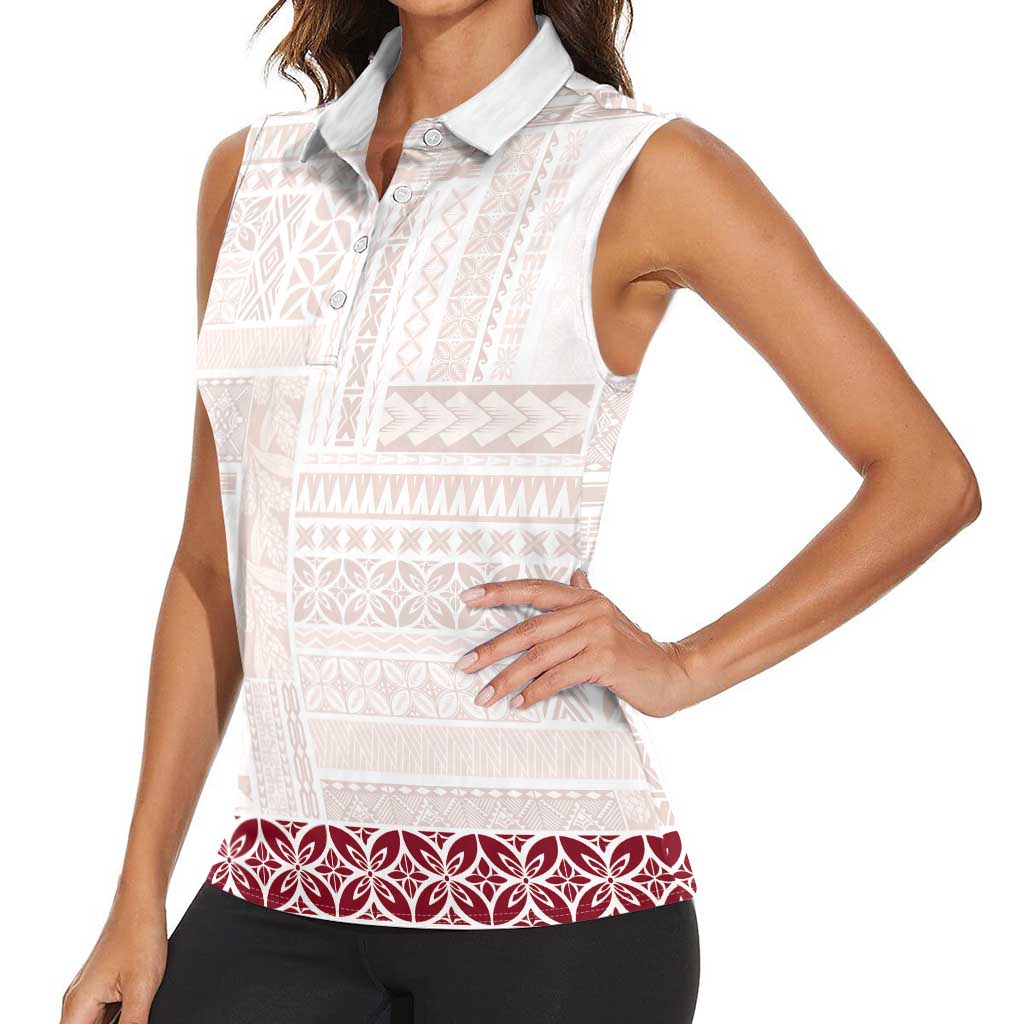 Samoa Siapo Red Trimmed Women Sleeveless Polo Shirt Samoa White Sunday - Polynesian Pride