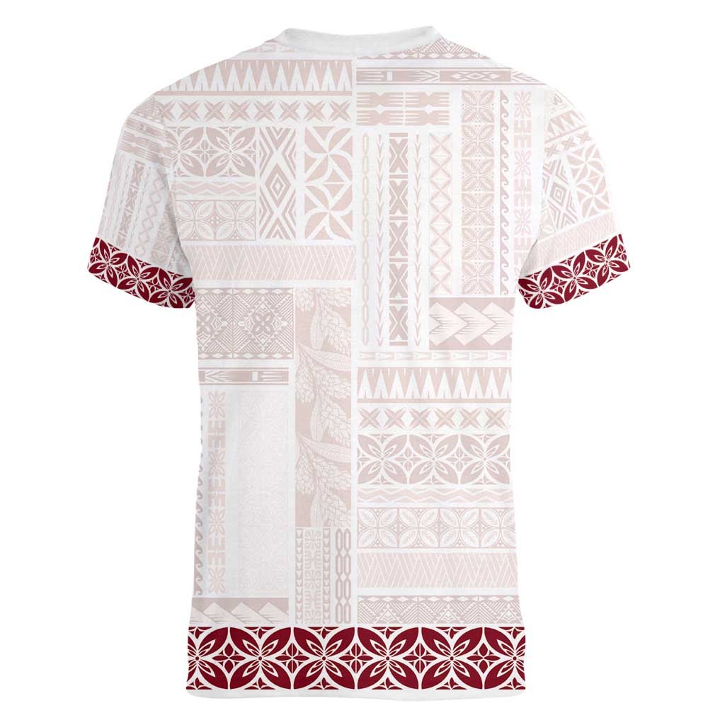 Samoa Siapo Red Trimmed Women V-Neck T-Shirt Samoa White Sunday - Polynesian Pride