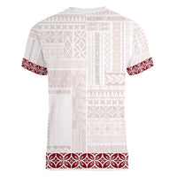 Samoa Siapo Red Trimmed Women V-Neck T-Shirt Samoa White Sunday - Polynesian Pride