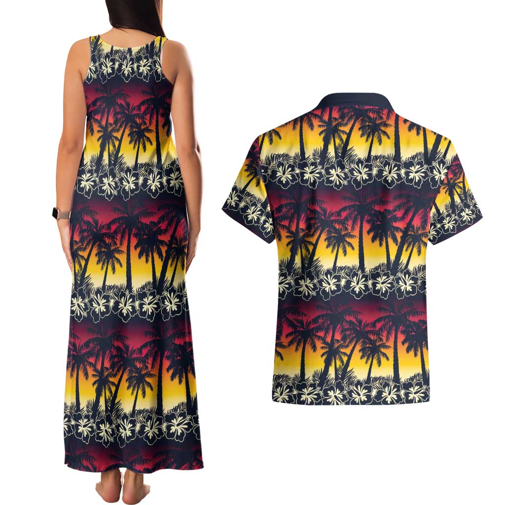 Hawaii Hibiscus Palm Tree Sunset Couples Matching Tank Maxi Dress and Hawaiian Shirt Tropical Style - Polynesian Pride