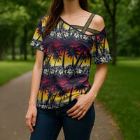 Hawaii Hibiscus Palm Tree Sunset Cross Shoulder Shirt Tropical Style - Polynesian Pride