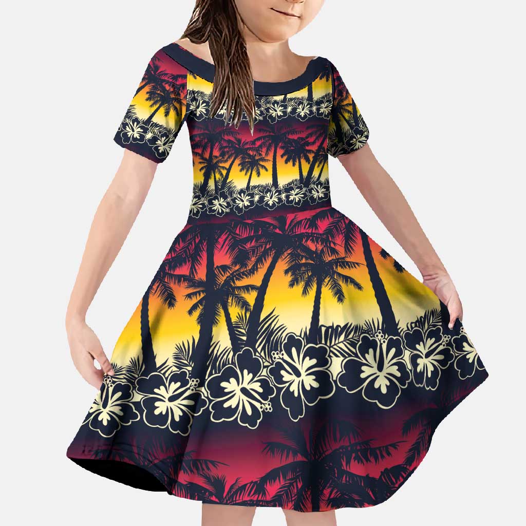 Hawaii Hibiscus Palm Tree Sunset Family Matching Off Shoulder Maxi Dress and Hawaiian Shirt Tropical Style - Polynesian Pride