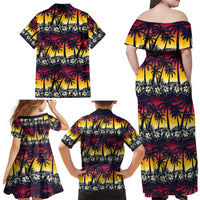 Hawaii Hibiscus Palm Tree Sunset Family Matching Off Shoulder Maxi Dress and Hawaiian Shirt Tropical Style - Polynesian Pride