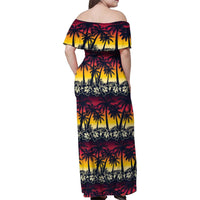 Hawaii Hibiscus Palm Tree Sunset Family Matching Off Shoulder Maxi Dress and Hawaiian Shirt Tropical Style - Polynesian Pride