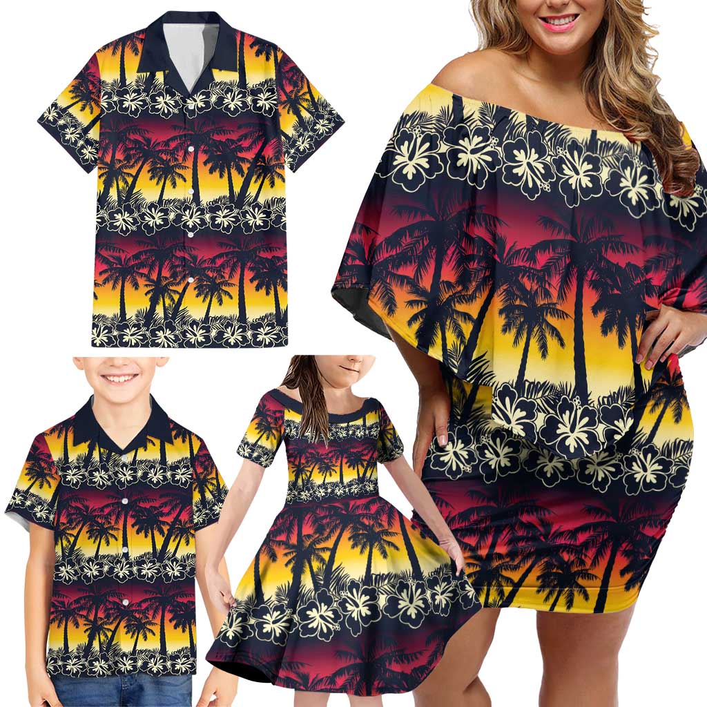 Hawaii Hibiscus Palm Tree Sunset Family Matching Off Shoulder Short Dress and Hawaiian Shirt Tropical Style - Polynesian Pride
