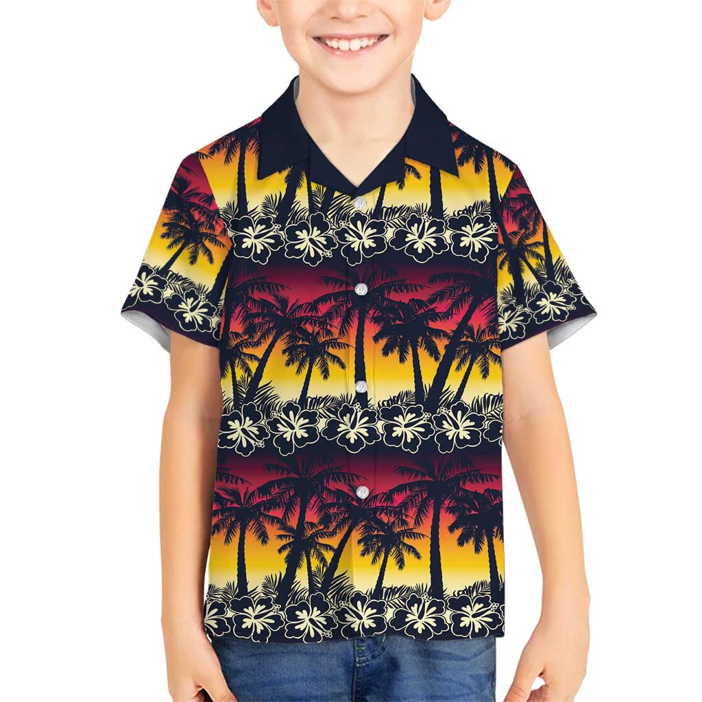 Hawaii Hibiscus Palm Tree Sunset Family Matching Off Shoulder Short Dress and Hawaiian Shirt Tropical Style - Polynesian Pride