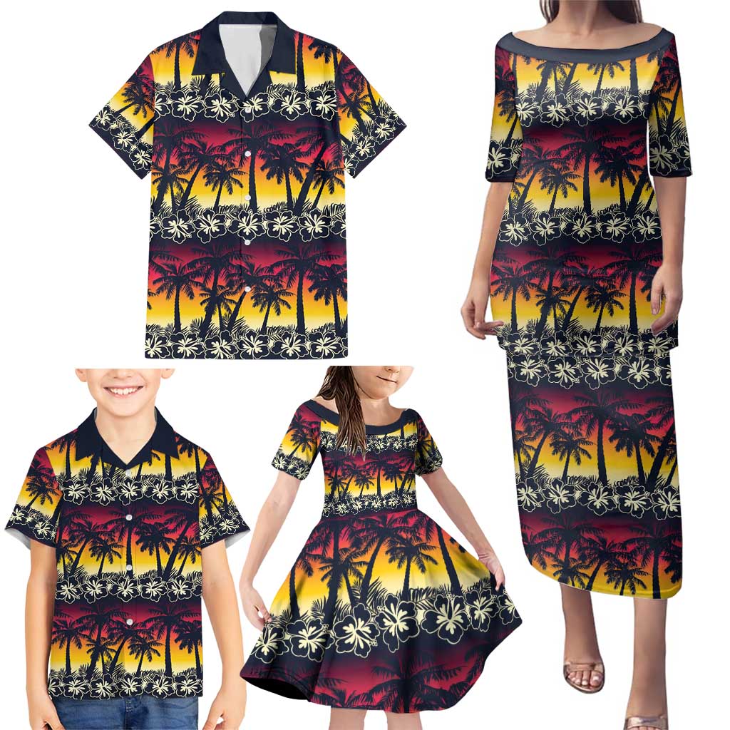 Hawaii Hibiscus Palm Tree Sunset Family Matching Puletasi and Hawaiian Shirt Tropical Style - Polynesian Pride