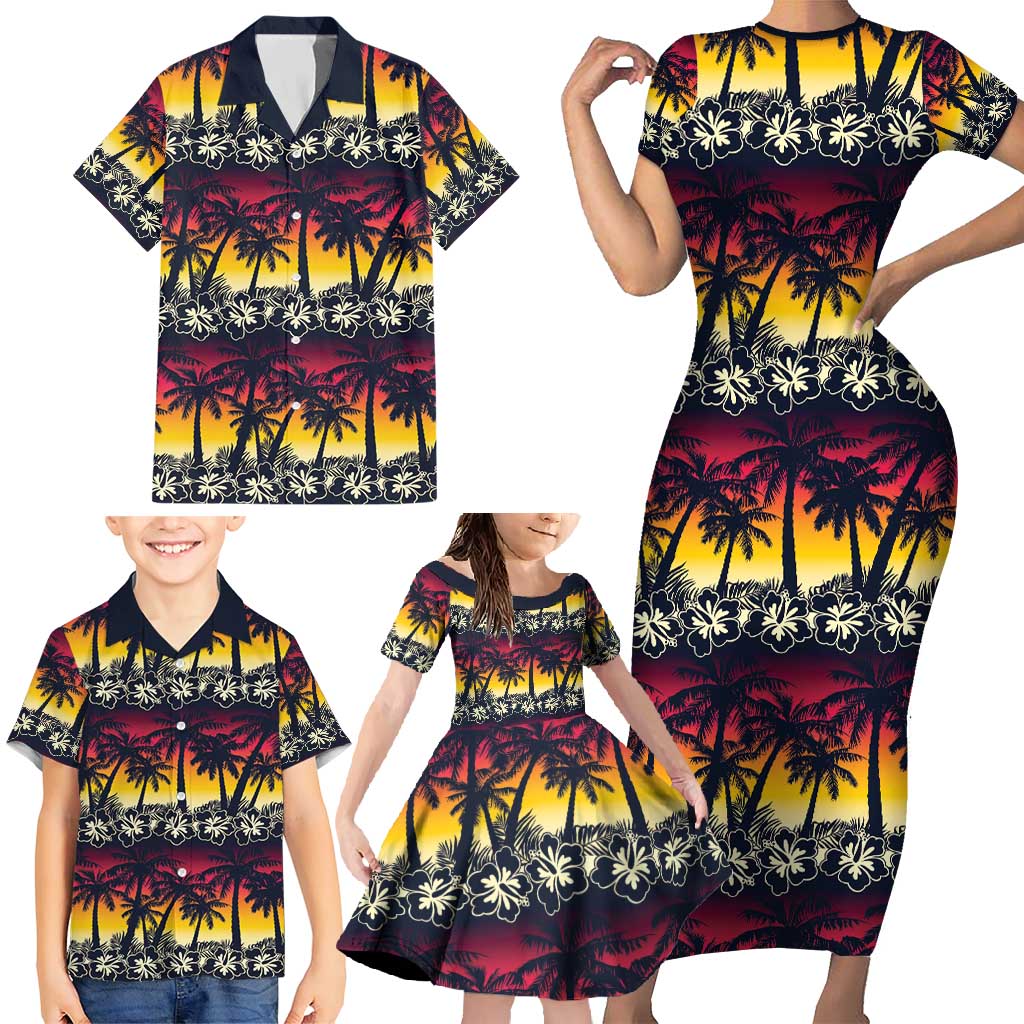 Hawaii Hibiscus Palm Tree Sunset Family Matching Short Sleeve Bodycon Dress and Hawaiian Shirt Tropical Style - Polynesian Pride