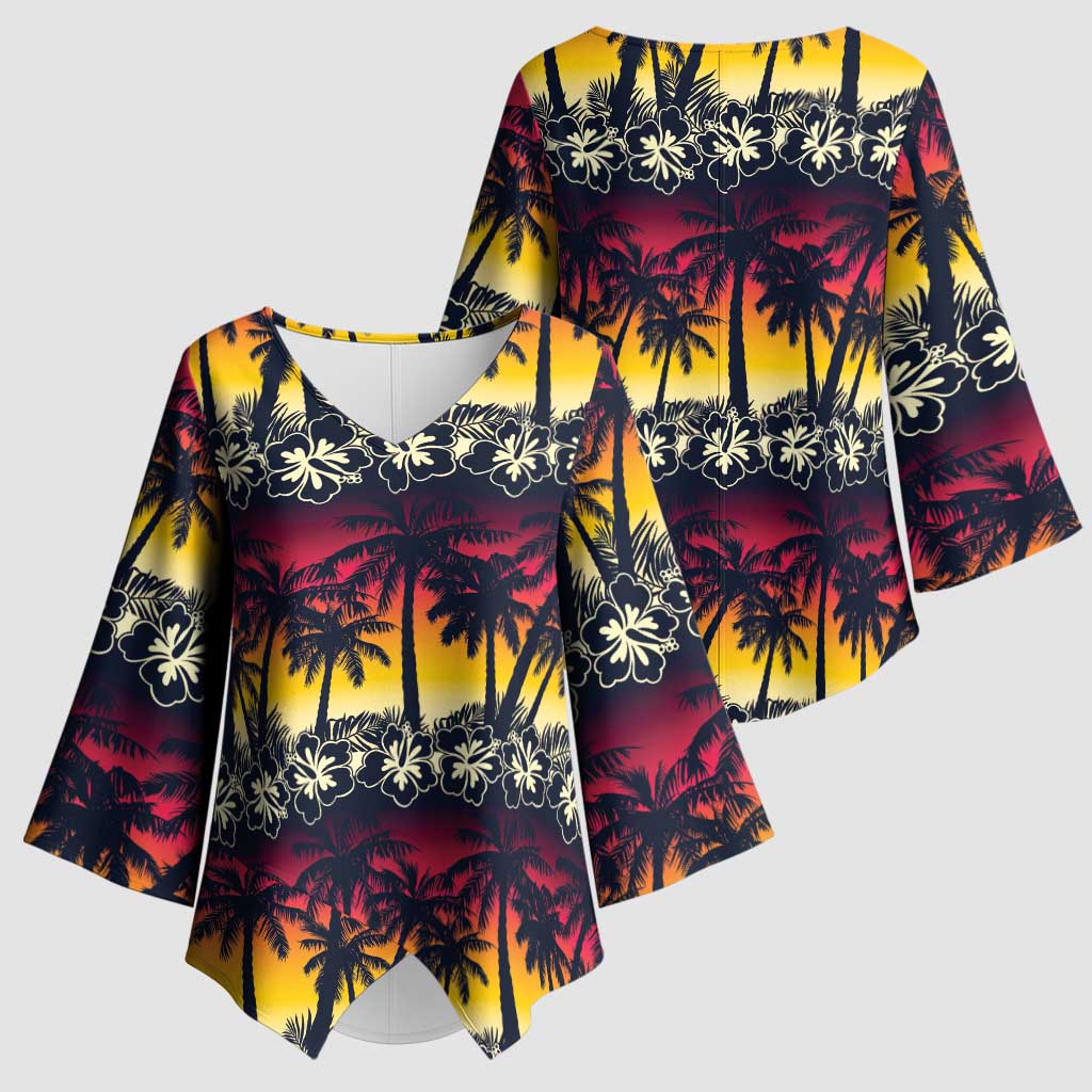 Hawaii Hibiscus Palm Tree Sunset Kimono Sleeve Blouse Tropical Style - Polynesian Pride
