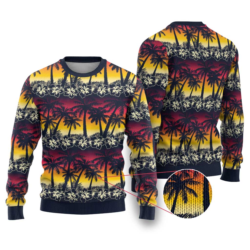 Hawaii Hibiscus Palm Tree Sunset Ugly Christmas Sweater Tropical Style - Polynesian Pride