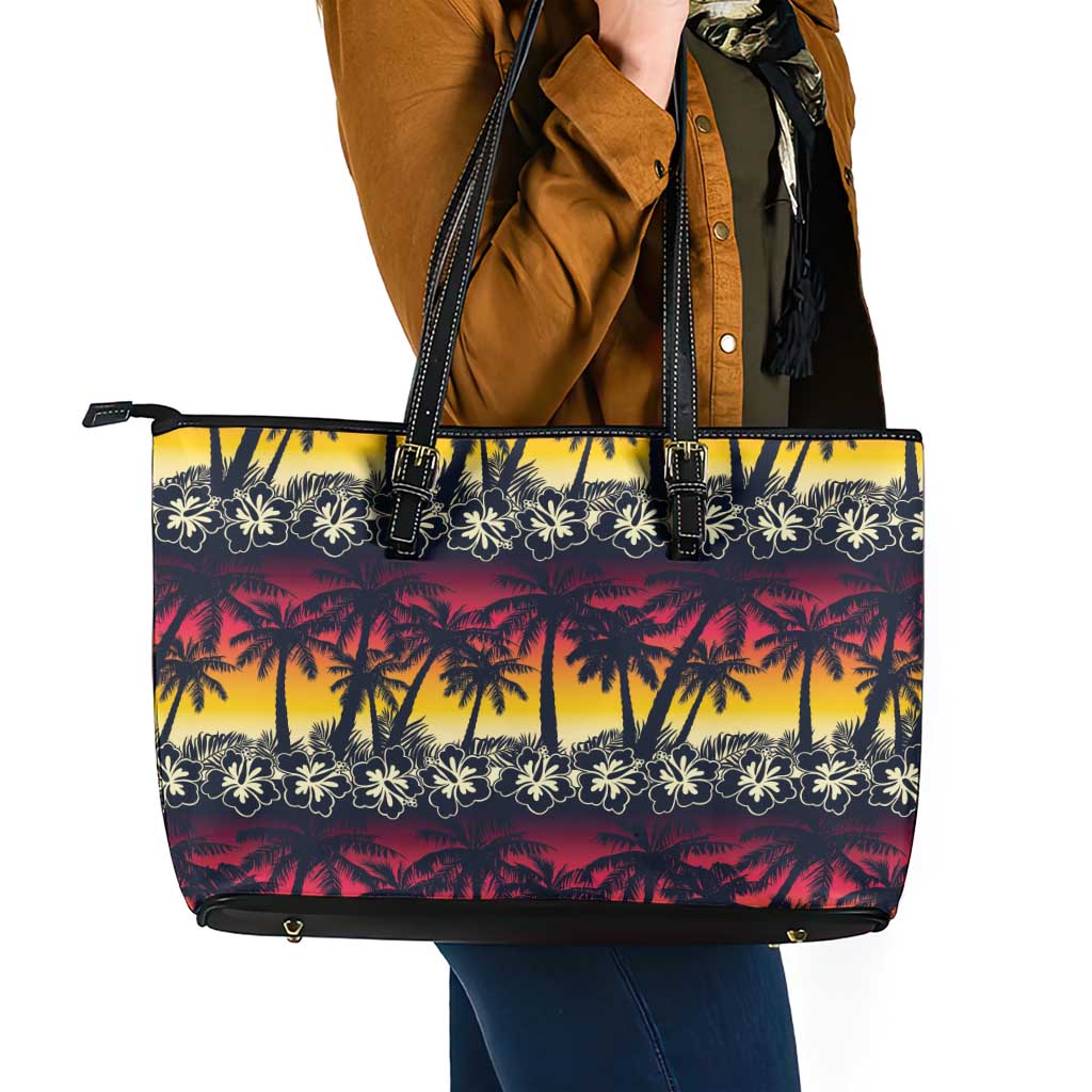Hawaii Hibiscus Palm Tree Sunset Leather Tote Bag Tropical Style - Polynesian Pride