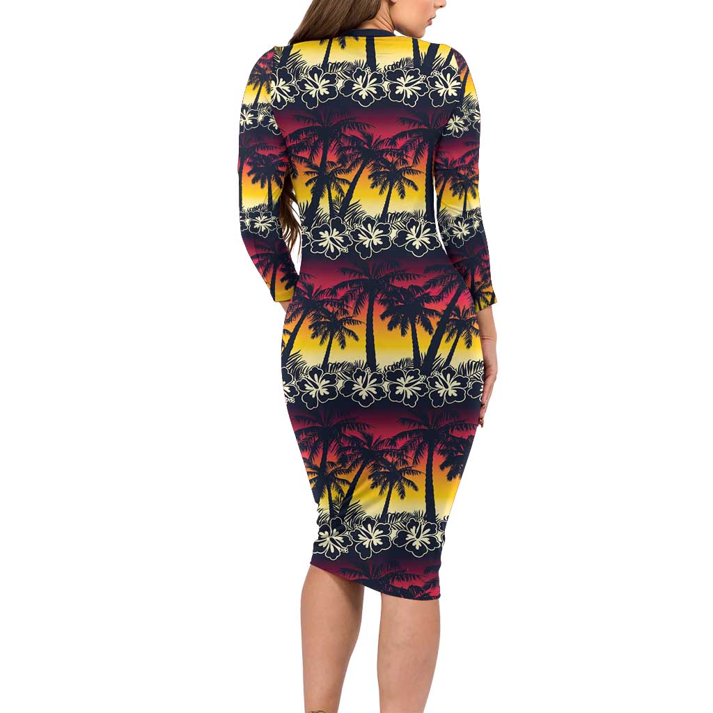 Hawaii Hibiscus Palm Tree Sunset Long Sleeve Bodycon Dress Tropical Style - Polynesian Pride