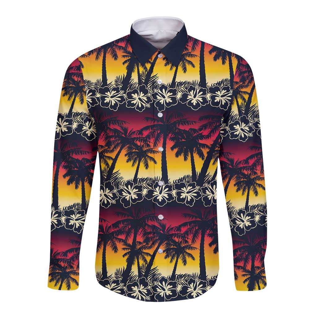 Hawaii Hibiscus Palm Tree Sunset Long Sleeve Button Shirt Tropical Style - Polynesian Pride