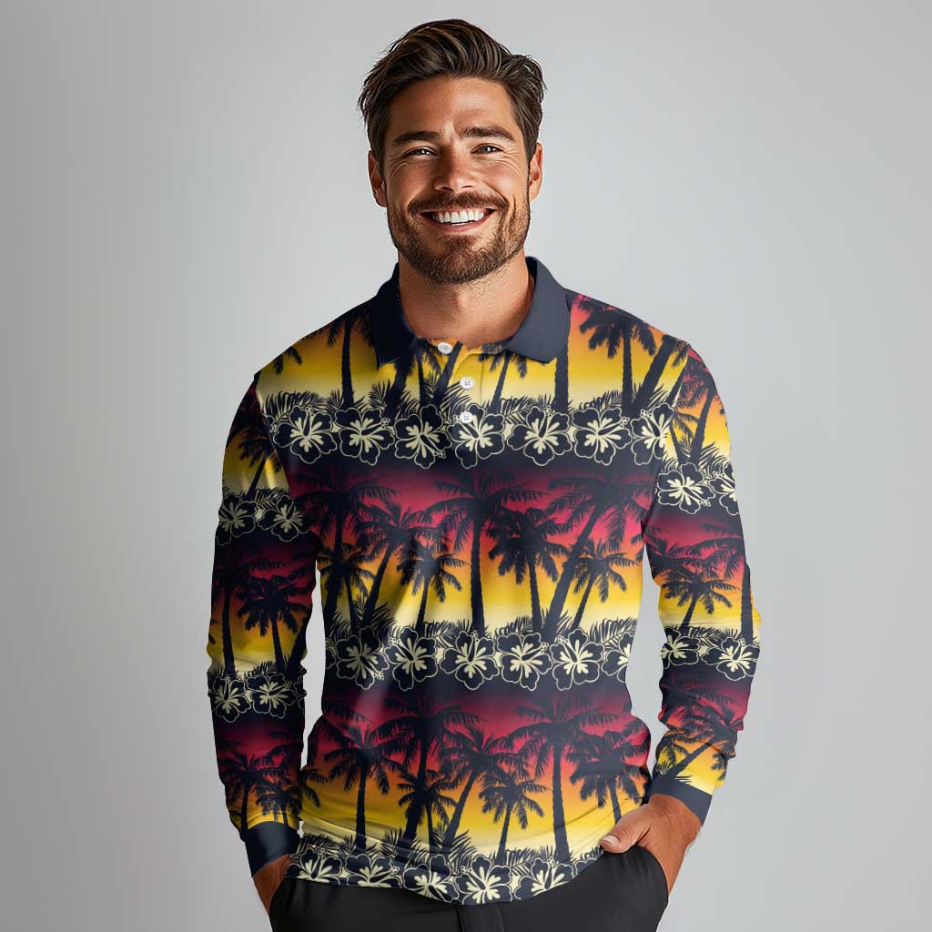 Hawaii Hibiscus Palm Tree Sunset Long Sleeve Polo Shirt Tropical Style - Polynesian Pride