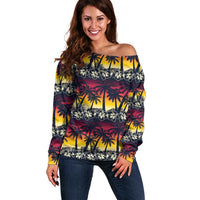Hawaii Hibiscus Palm Tree Sunset Off Shoulder Sweater Tropical Style - Polynesian Pride