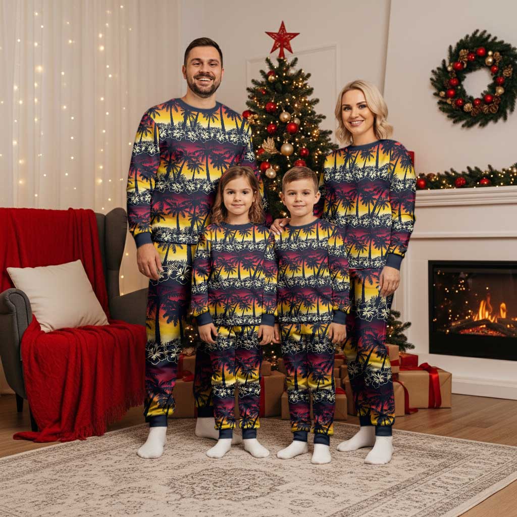 Hawaii Hibiscus Palm Tree Sunset Christmas Pajama Set Tropical Style - Polynesian Pride