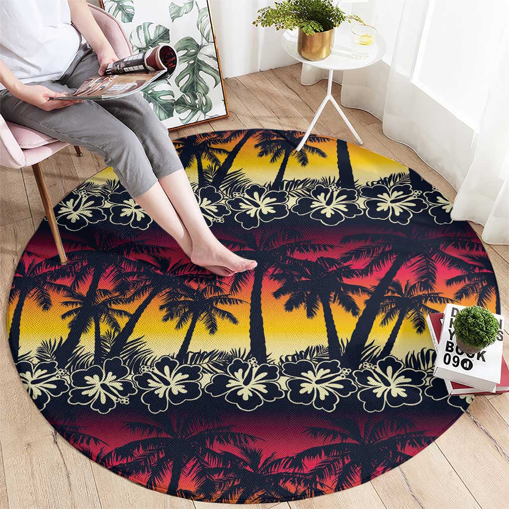 Hawaii Hibiscus Palm Tree Sunset Round Carpet Tropical Style - Polynesian Pride