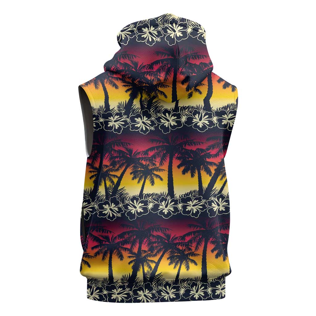 Hawaii Hibiscus Palm Tree Sunset Sleeveless Zip Hoodie Tropical Style - Polynesian Pride