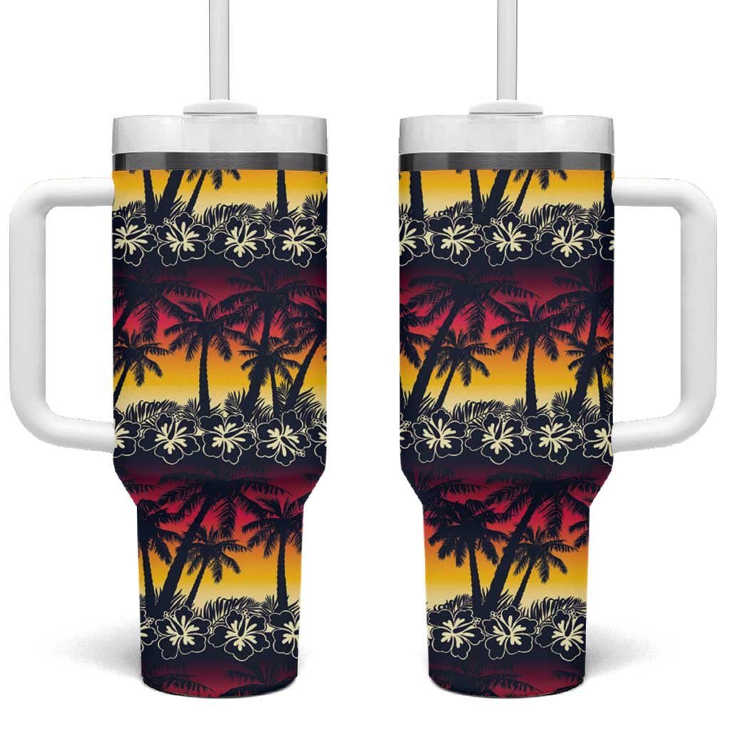 Hawaii Hibiscus Palm Tree Sunset Tumbler With Handle Tropical Style - Polynesian Pride