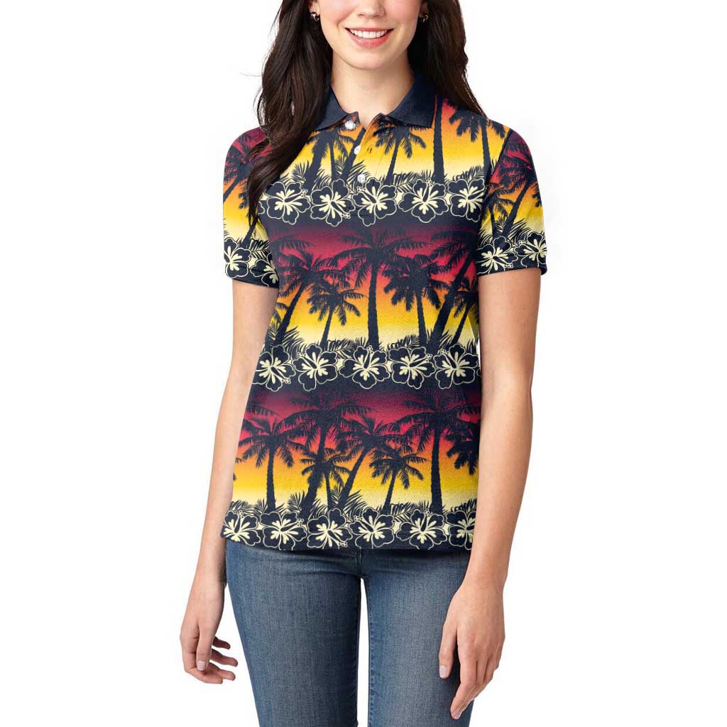 Hawaii Hibiscus Palm Tree Sunset Women Polo Shirt Tropical Style - Polynesian Pride