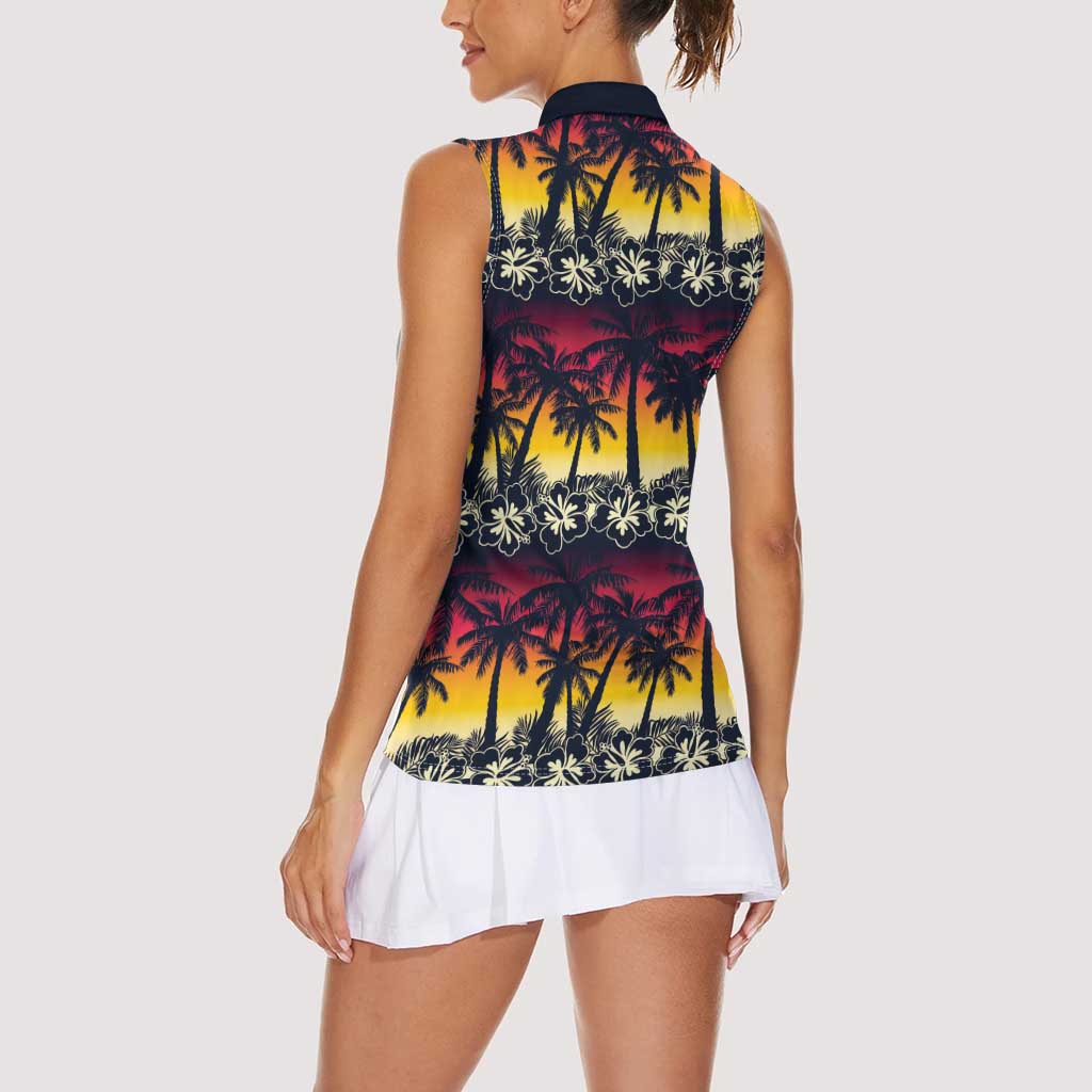 Hawaii Hibiscus Palm Tree Sunset Women Sleeveless Polo Shirt Tropical Style - Polynesian Pride