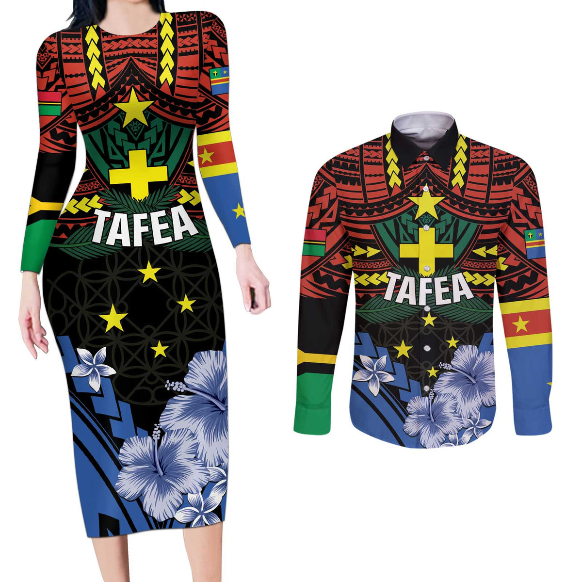 Personalised Vanuatu Tafea Province Couples Matching Long Sleeve Bodycon Dress and Long Sleeve Button Shirt Unique Tropical Tribal Pattern