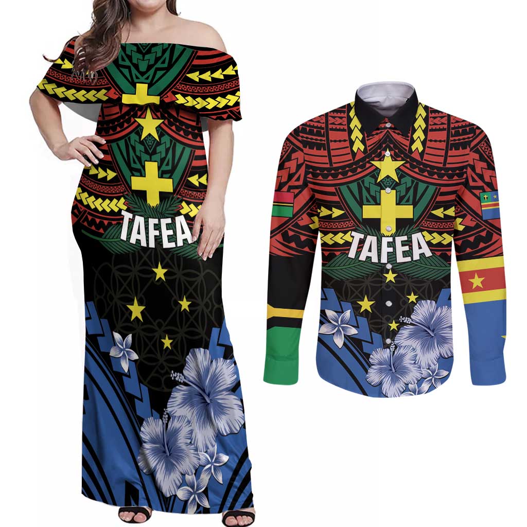 Personalised Vanuatu Tafea Province Couples Matching Off Shoulder Maxi Dress and Long Sleeve Button Shirt Unique Tropical Tribal Pattern