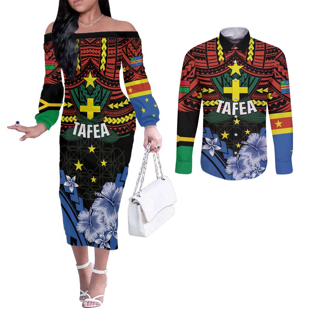 Personalised Vanuatu Tafea Province Couples Matching Off The Shoulder Long Sleeve Dress and Long Sleeve Button Shirt Unique Tropical Tribal Pattern
