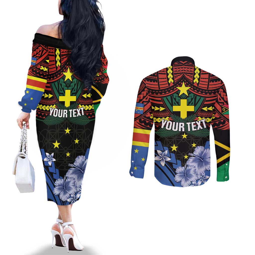 Personalised Vanuatu Tafea Province Couples Matching Off The Shoulder Long Sleeve Dress and Long Sleeve Button Shirt Unique Tropical Tribal Pattern