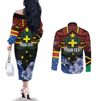 Personalised Vanuatu Tafea Province Couples Matching Off The Shoulder Long Sleeve Dress and Long Sleeve Button Shirt Unique Tropical Tribal Pattern