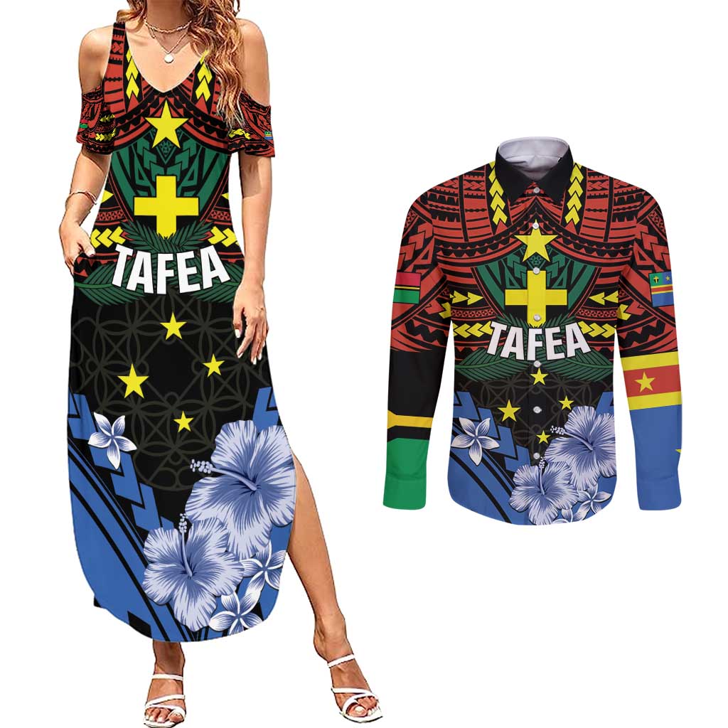 Personalised Vanuatu Tafea Province Couples Matching Summer Maxi Dress and Long Sleeve Button Shirt Unique Tropical Tribal Pattern