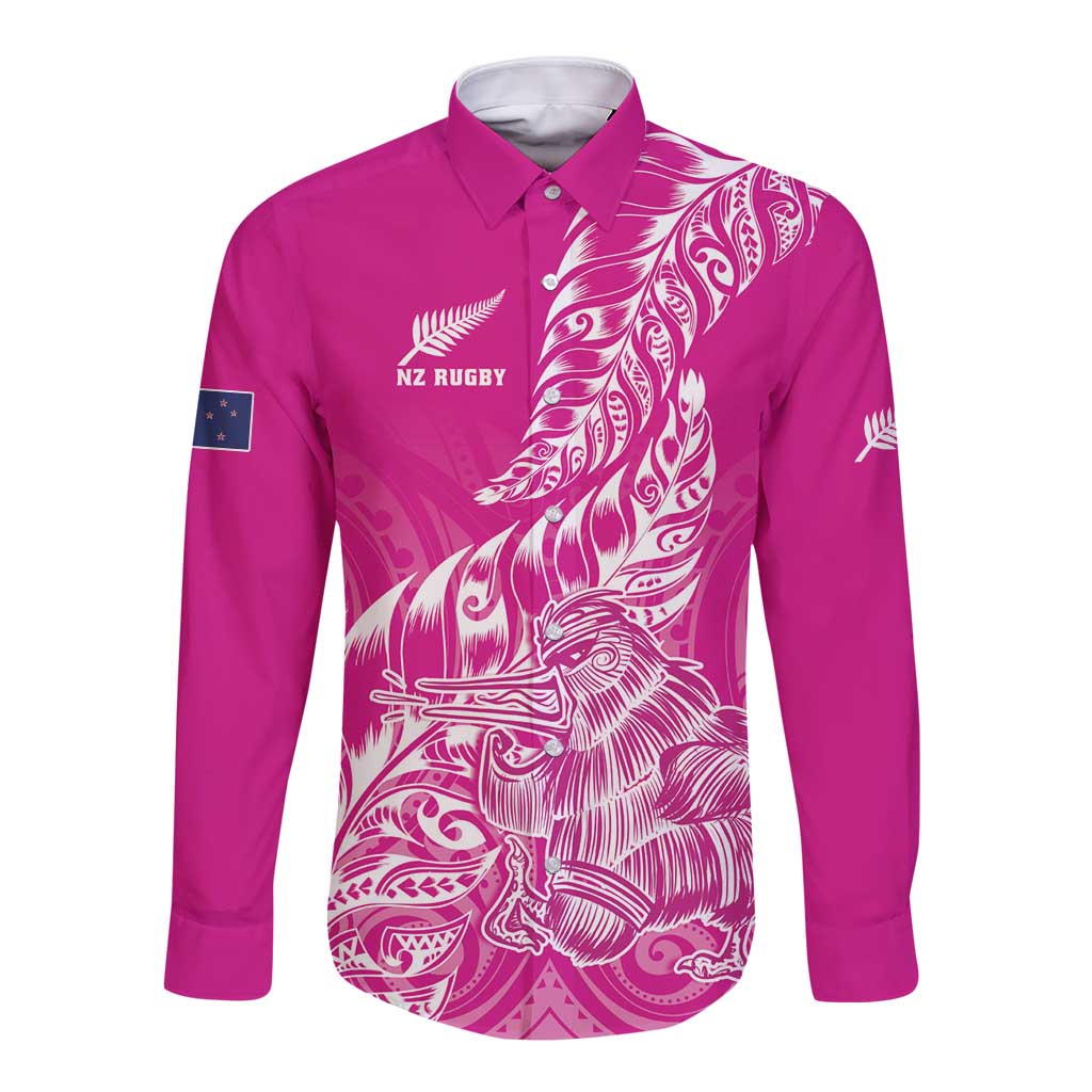 Custom New Zealand Rugby Silver Fern Long Sleeve Button Shirt Aotearoa Kiwi Maori Pink Version - Polynesian Pride