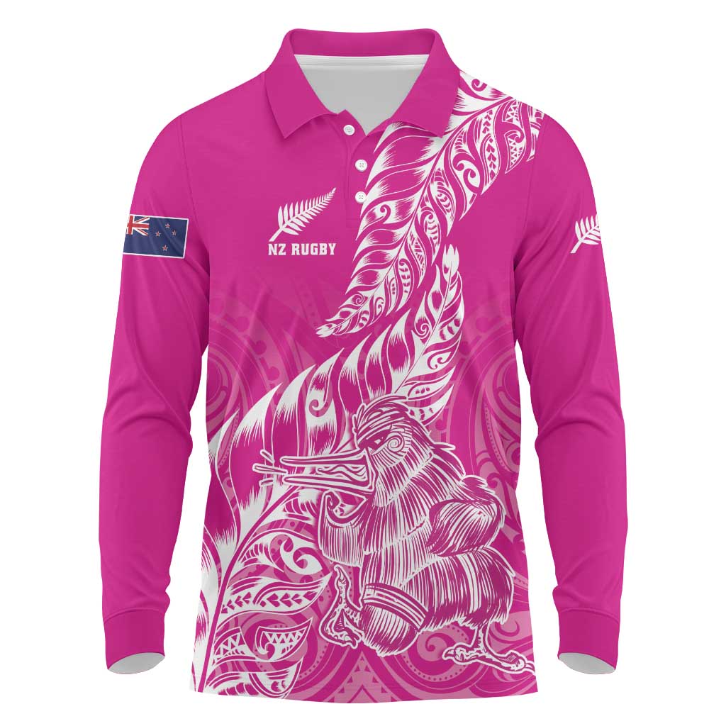 Custom New Zealand Rugby Silver Fern Long Sleeve Polo Shirt Aotearoa Kiwi Maori Pink Version - Polynesian Pride
