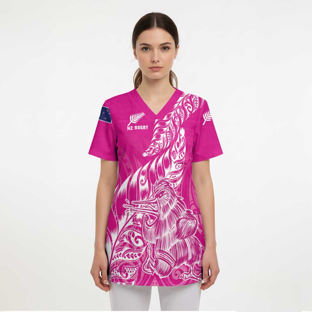 Custom New Zealand Rugby Silver Fern Scrub Top Aotearoa Kiwi Maori Pink Version - Polynesian Pride