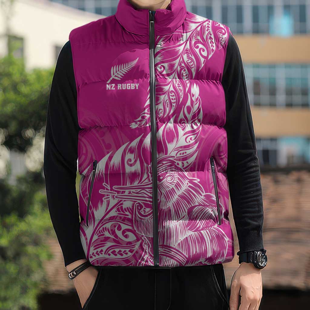 Custom New Zealand Rugby Silver Fern Sleeveless Puffer Jacket Aotearoa Kiwi Maori Pink Version - Polynesian Pride