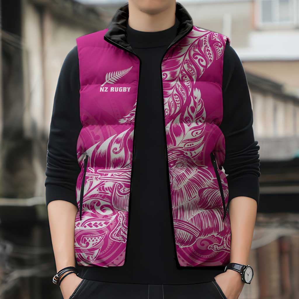 Custom New Zealand Rugby Silver Fern Sleeveless Puffer Jacket Aotearoa Kiwi Maori Pink Version - Polynesian Pride