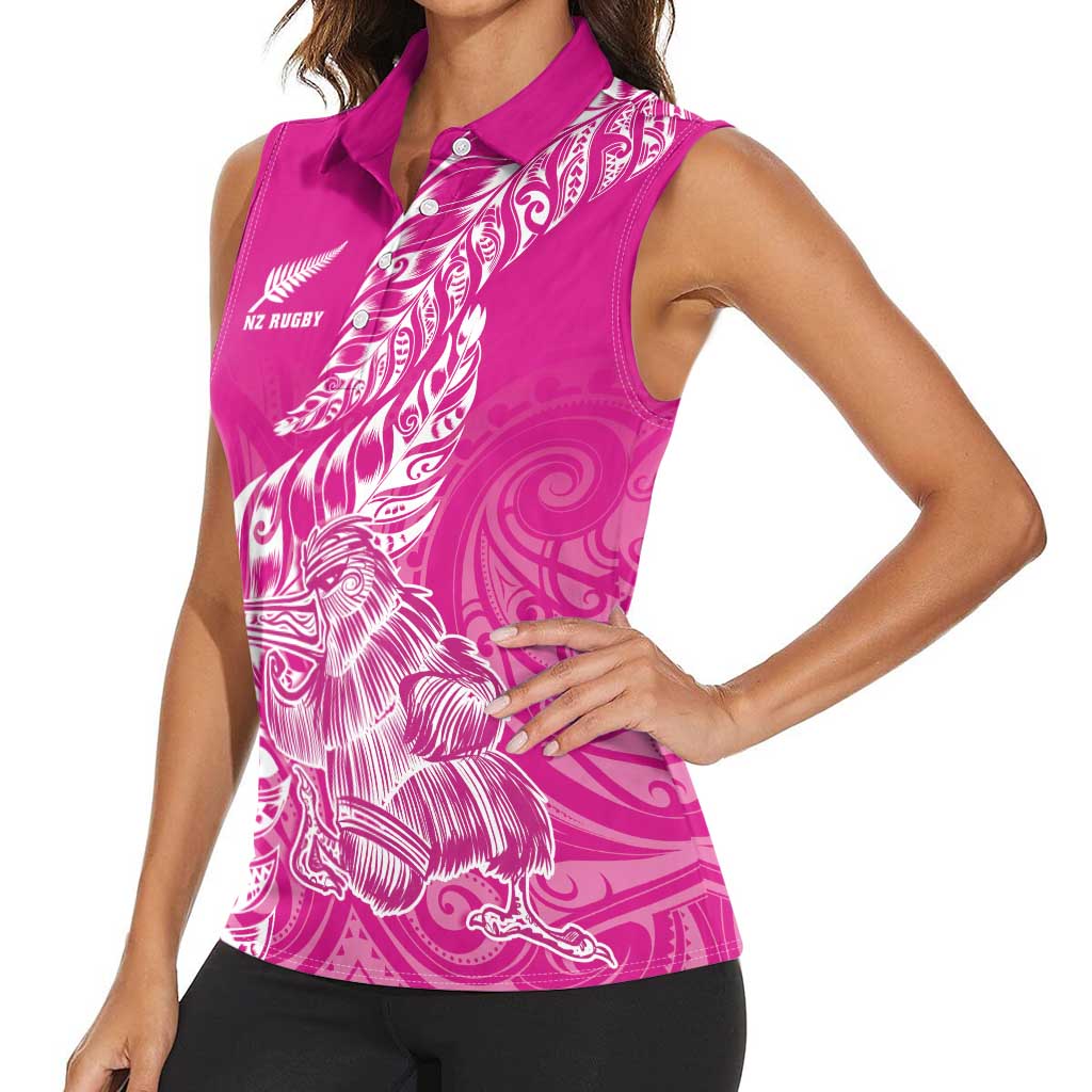 Custom New Zealand Rugby Silver Fern Women Sleeveless Polo Shirt Aotearoa Kiwi Maori Pink Version - Polynesian Pride
