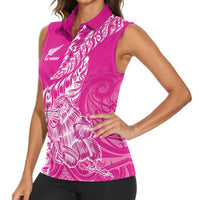 Custom New Zealand Rugby Silver Fern Women Sleeveless Polo Shirt Aotearoa Kiwi Maori Pink Version - Polynesian Pride