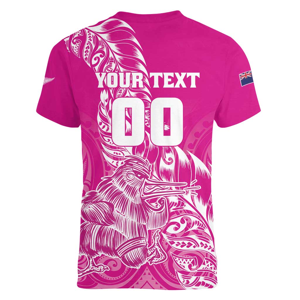 Custom New Zealand Rugby Silver Fern Women V-Neck T-Shirt Aotearoa Kiwi Maori Pink Version LT01 - Polynesian Pride