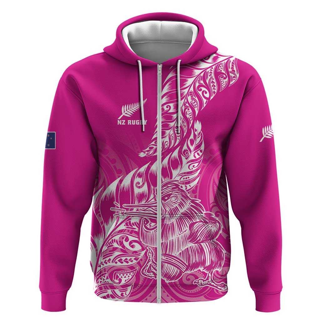 Custom New Zealand Rugby Silver Fern Zip Hoodie Aotearoa Kiwi Maori Pink Version LT01 Zip Hoodie Pink - Polynesian Pride