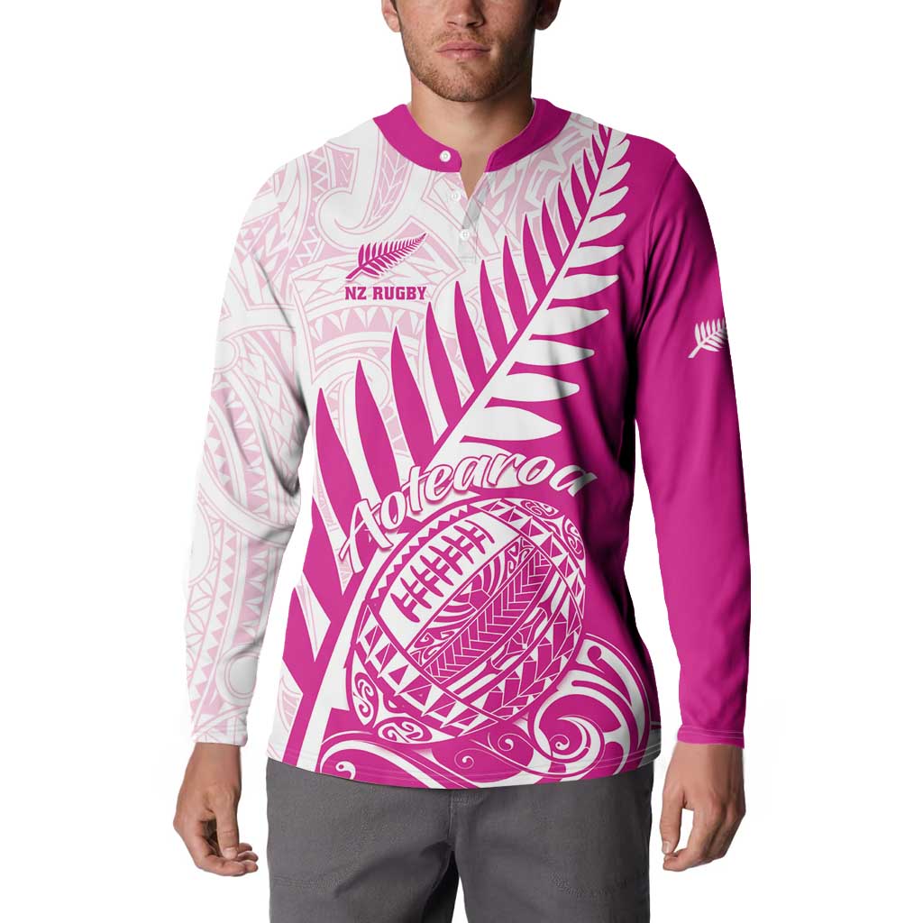 Custom New Zealand Rugby Silver Fern Button Sweatshirt Aotearoa Maori Pink Version - Polynesian Pride