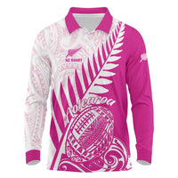 Custom New Zealand Rugby Silver Fern Long Sleeve Polo Shirt Aotearoa Maori Pink Version - Polynesian Pride