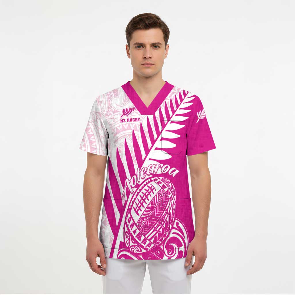 Custom New Zealand Rugby Silver Fern Scrub Top Aotearoa Maori Pink Version - Polynesian Pride