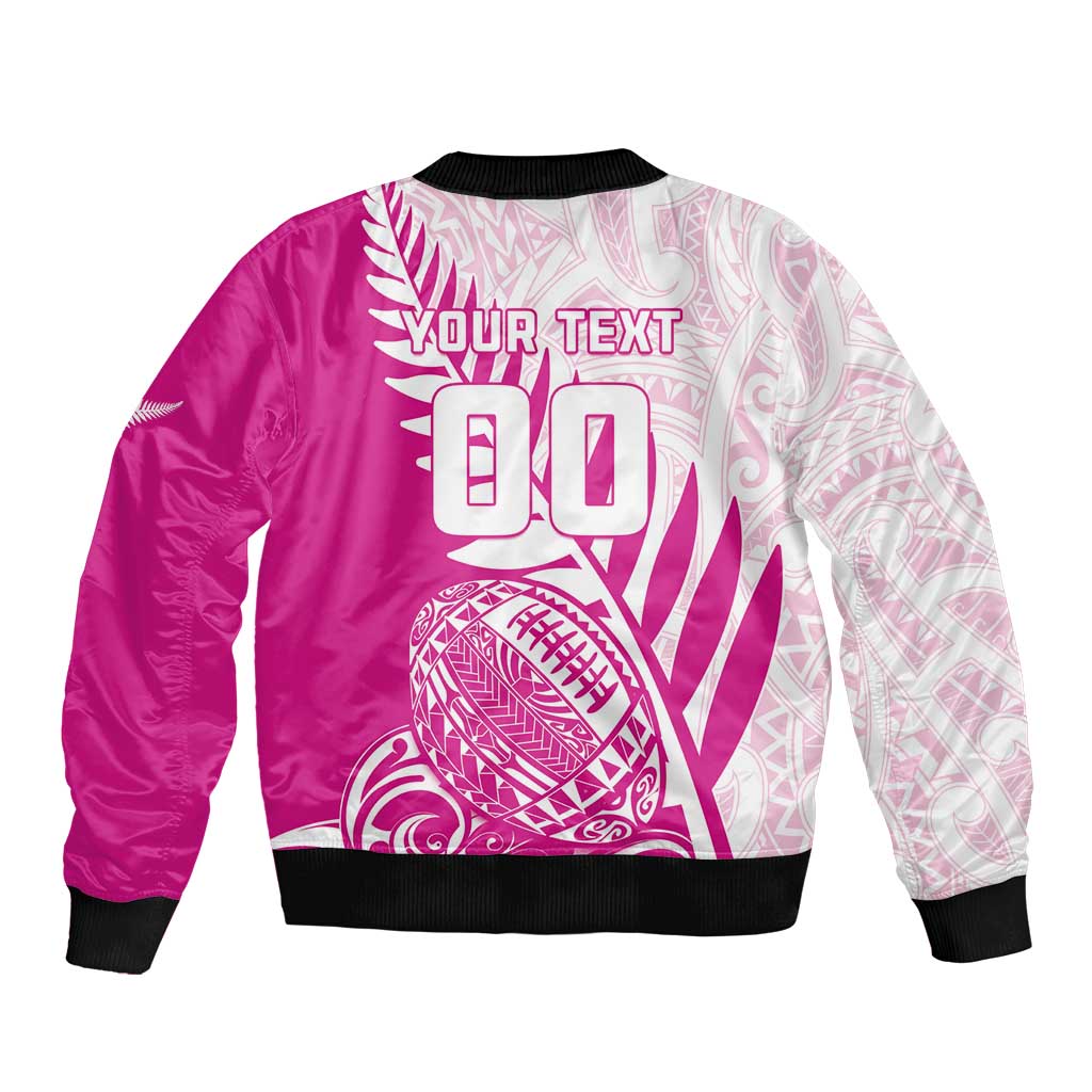 Custom New Zealand Rugby Silver Fern Sleeve Zip Bomber Jacket Aotearoa Maori Pink Version - Polynesian Pride
