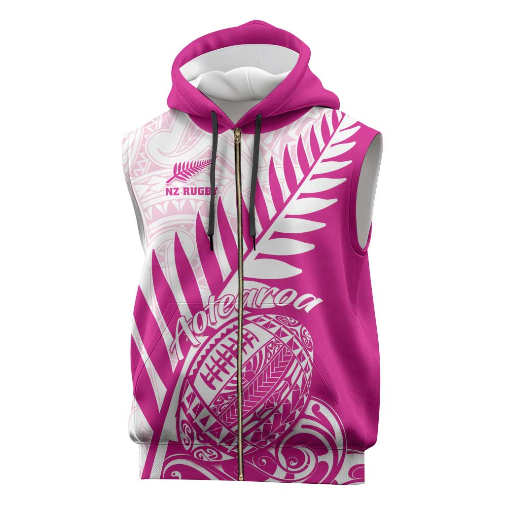 Custom New Zealand Rugby Silver Fern Sleeveless Zip Hoodie Aotearoa Maori Pink Version - Polynesian Pride