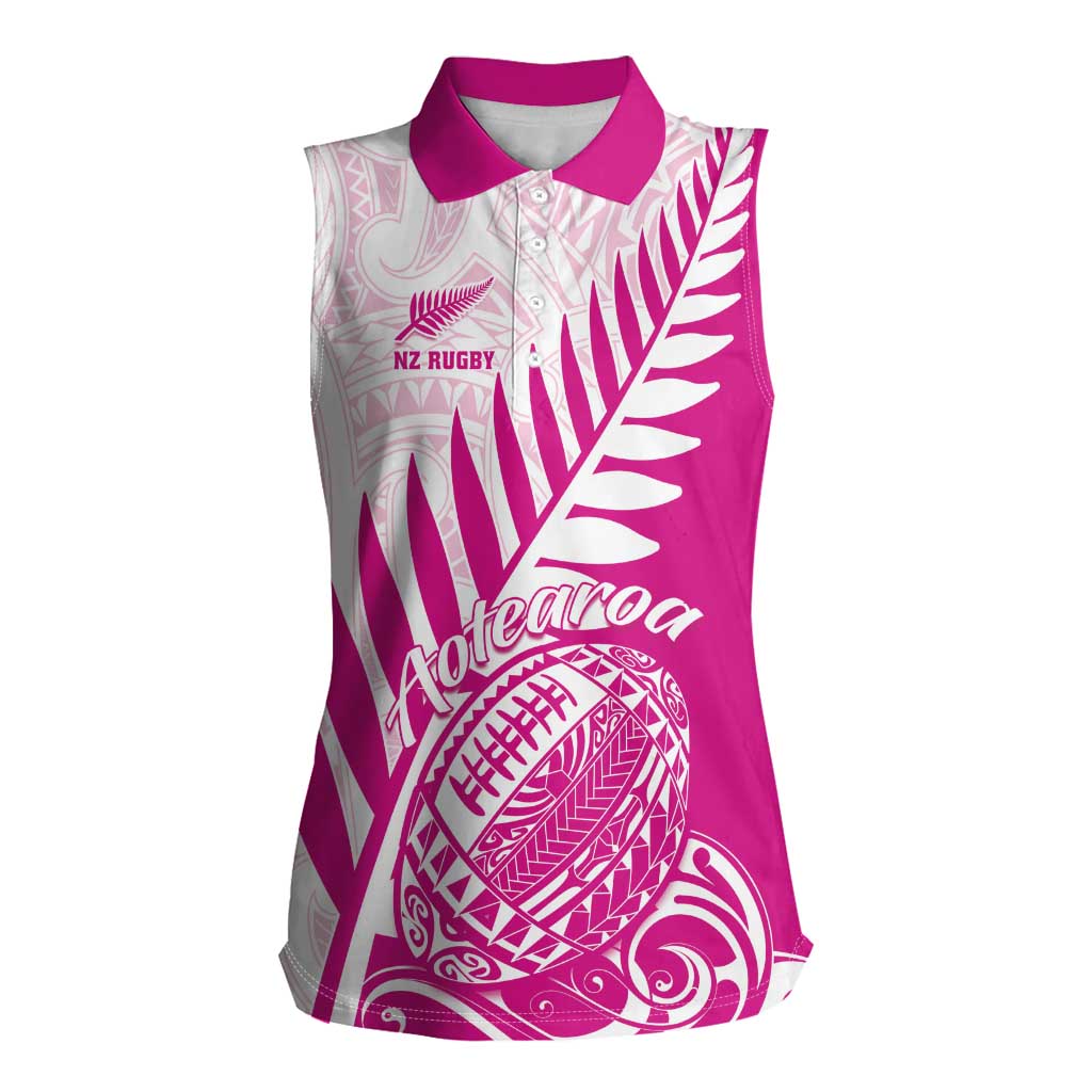 Custom New Zealand Rugby Silver Fern Women Sleeveless Polo Shirt Aotearoa Maori Pink Version - Polynesian Pride
