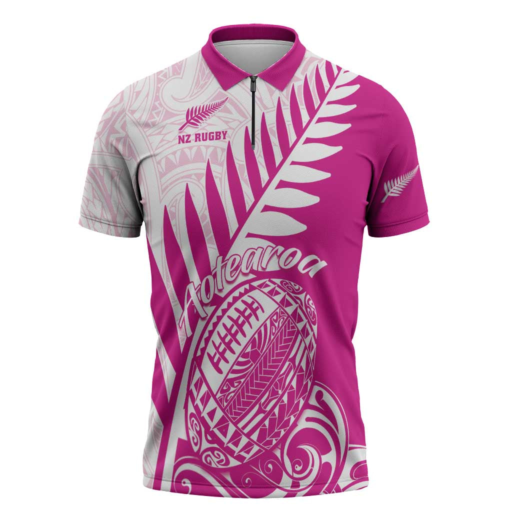 Custom New Zealand Rugby Silver Fern Zipper Polo Shirt Aotearoa Maori Pink Version - Polynesian Pride