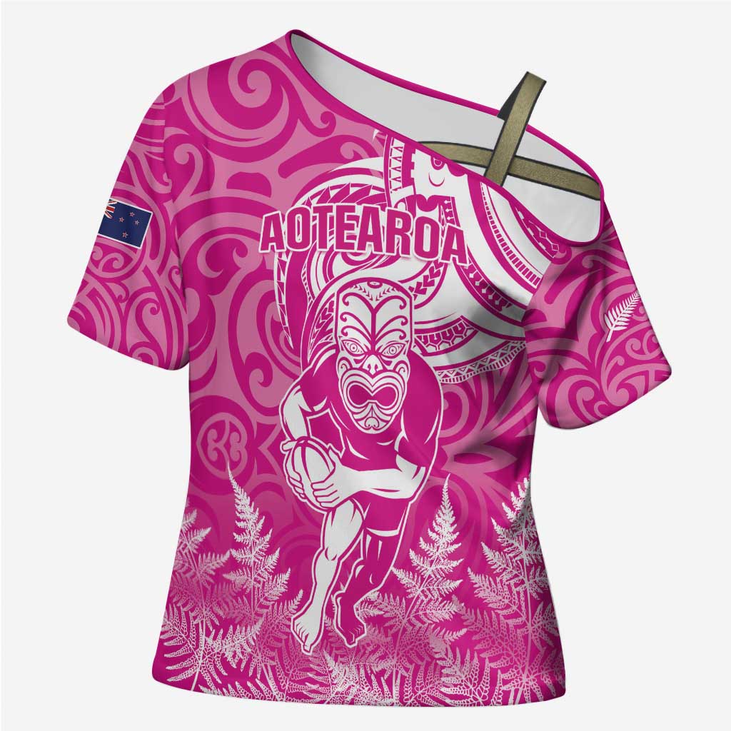 New Zealand Silver Fern Rugby All Pink Cross Shoulder Shirt Maori Tiki Player With Ta Moko Tribal - Polynesian Pride
